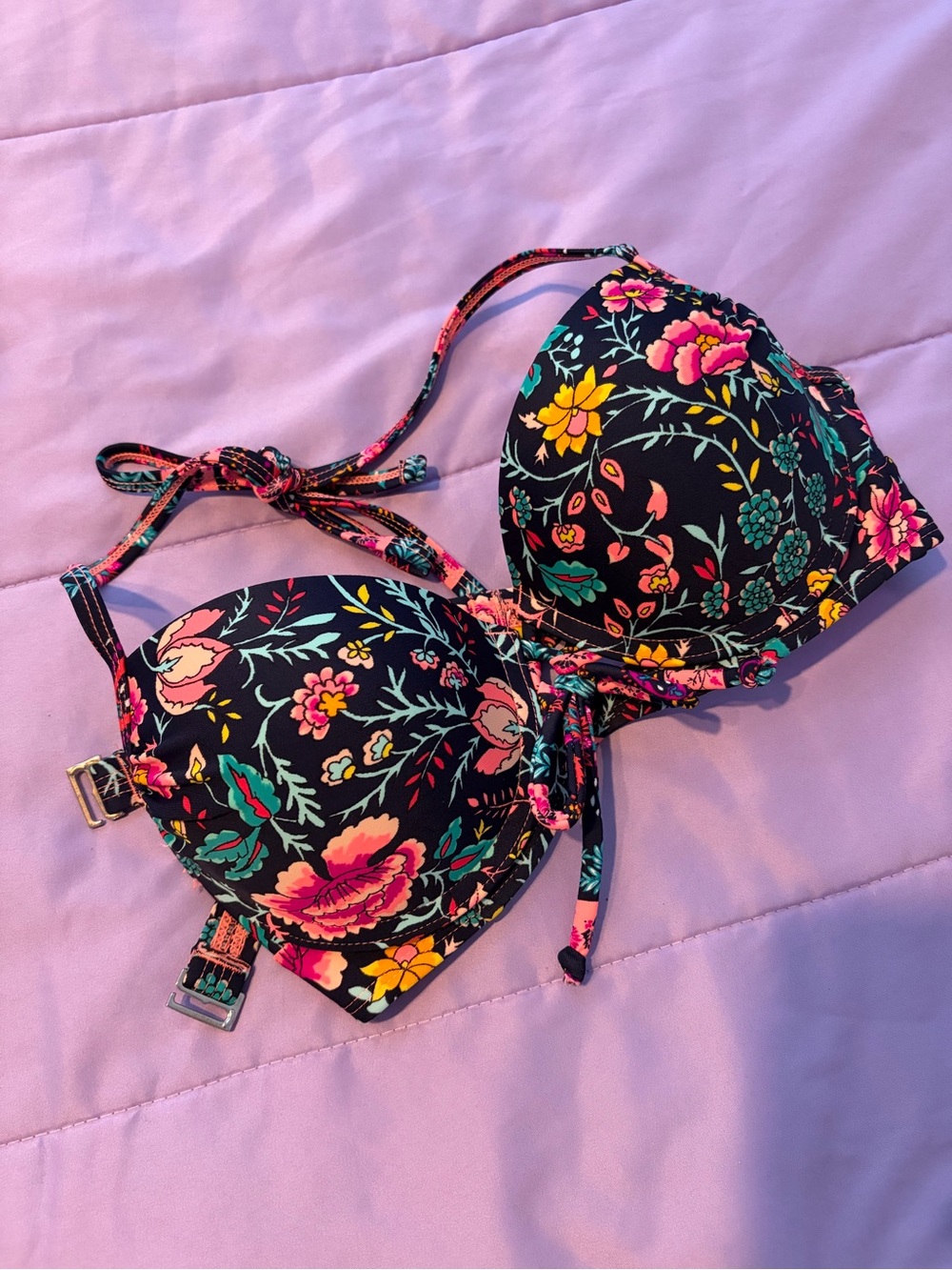 Xhilaration Black Floral Push-Up Bikini Top - Pink, Yellow, Green